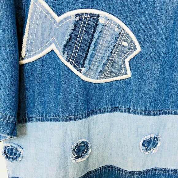 Whimsical Fish Denim Day Dress Women M Maxi Embroider Applique Casual Errand Y2K - Picture 5 of 7